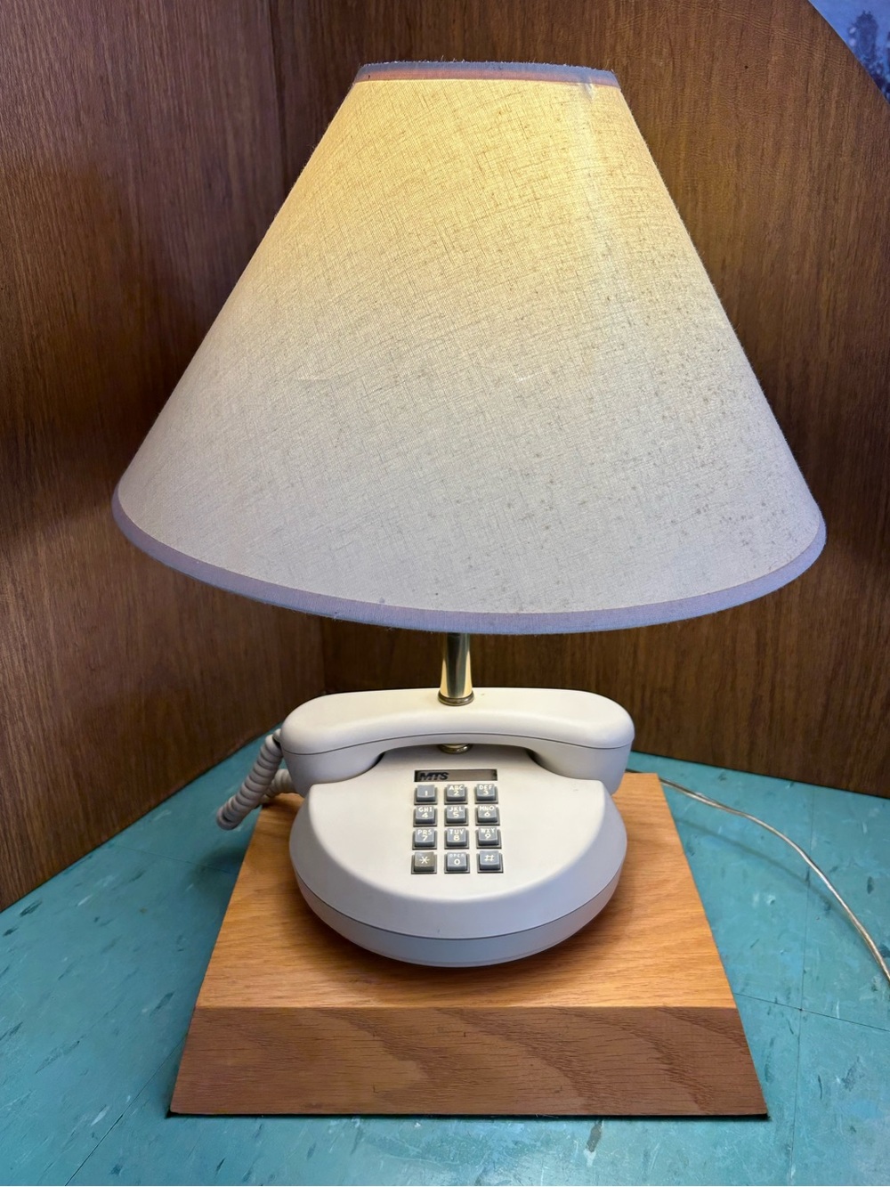 Vintage phone lamp 1980’s post modern beige wood telephone lamp